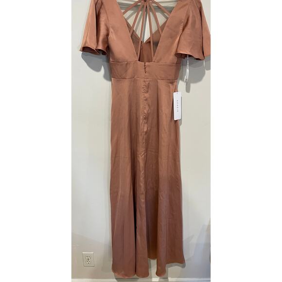 NWT Azazie Lani Stretch Satin Flounce Sleeve A-Line Dress Bronzer Womens Size A2 - Picture 8 of 8